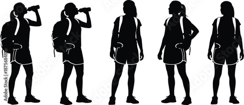 Hiking woman silhouette set showing backpack and water bottle poses, outdoor adventure and travel lifestyle collection, black vector illustration isolated