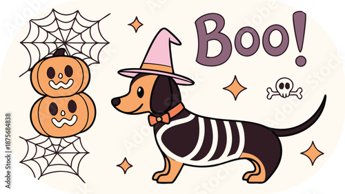 Dachshund Dog in Witch Hat with Halloween Decorations and Text Boo pumpkin