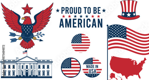 American patriotic design elements collection featuring eagle, US flag, map silhouette, Uncle Sam hat, White House, and made in USA badges.