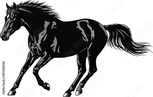 Black silhouette of a running horse in motion with flowing mane and tail, galloping stallion, dynamic equestrian action on white, isolated.
