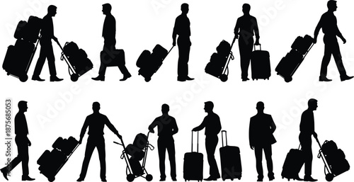 Black Silhouette Men Handling Luggage and Equipment Set, Professional Logistics Transportation Poses, Business Travelers with Hand Trucks, Rolling Suitcases Vector
