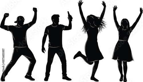 Black Silhouette People Dancing and Celebrating, Group of Friends Party Poses, Man with Beer and Women Jumping in Joyful Celebration,
