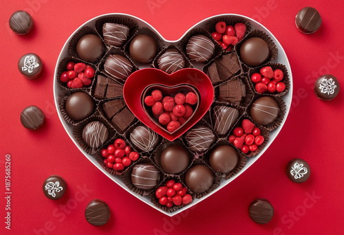 Heart-shaped chocolates in a box. Flatlay, top view.