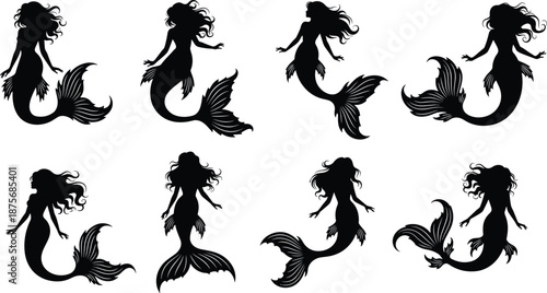 Collection of eight black mermaid silhouettes in diverse swimming poses, featuring flowing hair and intricate tail designs on white, isolated.