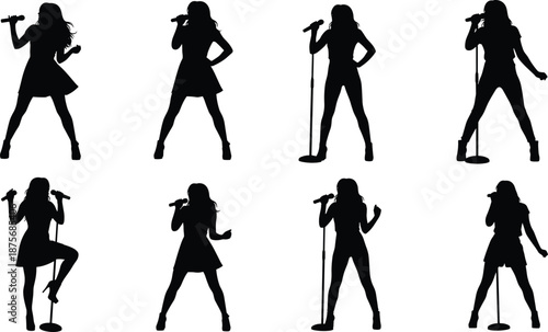 Collection of eight female singer silhouettes, professional performers singing, stage artists with microphones, dynamic poses, pop stars, vocalists set, isolated,