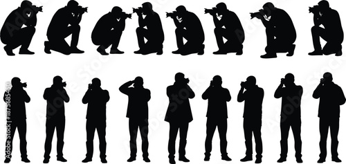 Collection of fifteen photographer silhouettes, cameramen in various poses, kneeling, standing, crouching, professional photography set, digital camera operators, isolated on white,