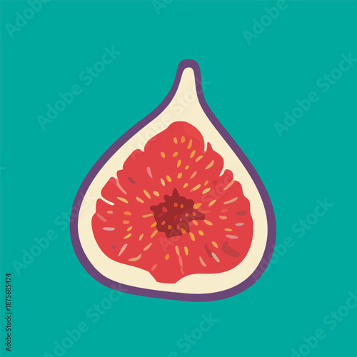 Aesthetic illustration of a fig half, showcasing its juicy red pulp and tiny seeds, perfect for healthy food concepts