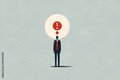 Business figure in a suit stands confidently with an exclamation mark above, symbolizing ideas and innovation in a minimalist illustration with a soft color palette