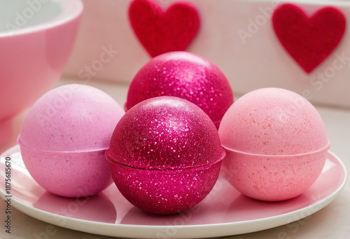 Pink round bath bombs. Relaxation and spa treatment.