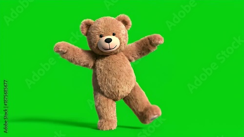 Fluffy brown teddy bear dancing happily on a bright green screen