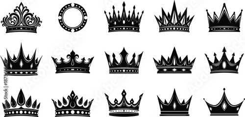 Collection of ten black and white crown silhouettes featuring ornate, royal, imperial, and simple king queen headwear designs for graphic icons.