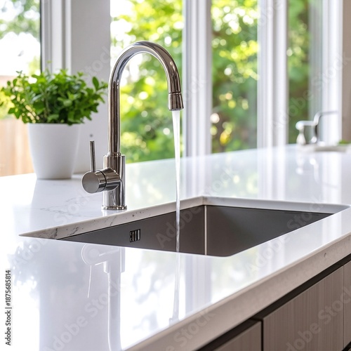 A bright kitchen sink featuring two elegant faucets, with sunlight streaming through an open window, illuminating the surrounding countertop and dishes.