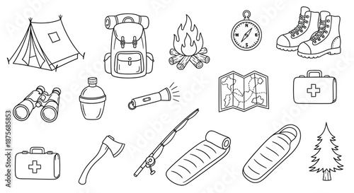 Camping essentials a collection of outdoor adventure gear outlined in black and white