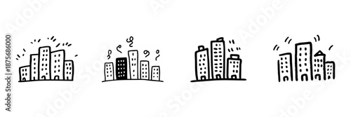 City Skyline Line Icon Set In Doodle Style. Urban Landscape, Architecture, And Cityscape Illustration Outline Sketch Collection. Hand Drawn Isolated Vector Illustration