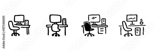 Office Desk And Computer Line Icon Set In Doodle Style. Workspace Organization And Productivity Outline Sketch Collection. Home Office Setup And Ergonomics. Hand Drawn Isolated Vector Illustration