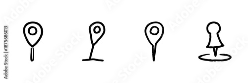 Map Location Pin Line Icon Set In Doodle Style. Navigation, Geolocation, And Mapping Symbols Outline Sketch Collection. Hand Drawn Isolated Vector Illustration