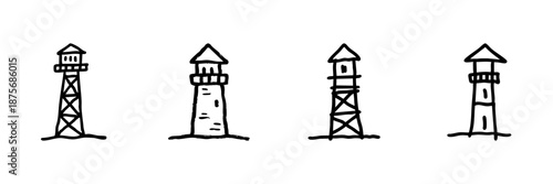 Lighthouse Line Icon Set In Doodle Style. Coastal Navigation, Safety, And Maritime Guidance Outline Sketch Collection. Hand Drawn Isolated Vector Illustration