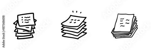 Stack Of Papers Line Icon Set In Doodle Style. Document Organization, Office Work, And Paperwork Management Outline Sketch Collection. Hand Drawn Isolated Vector Illustration
