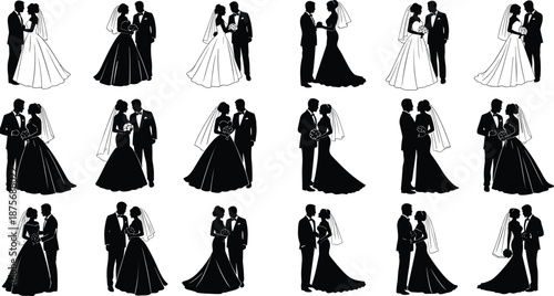 Collection of thirty black wedding silhouettes featuring brides and grooms in formal poses, dancing, and romantic scenes on white, isolated.