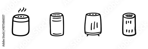 Smart Speaker Line Icon Set In Doodle Style. Voice Assistant, Home Automation, And Smart Device Outline Sketch Collection. Hand Drawn Isolated Vector Illustration