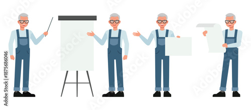 Senior male repair technician character vector illustration design set.
