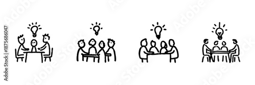 Group Brainstorming And Idea Generation Line Icon Set In Doodle Style. Collaborative Teamwork And Creative Thinking Outline Sketch Collection. Hand Drawn Isolated Vector Illustration