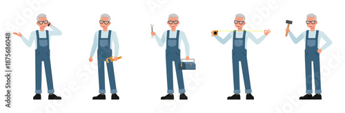Senior male repair technician character vector illustration design set.