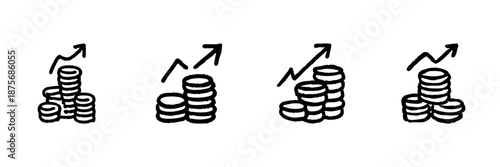Stacked Coins With Upward Arrow Line Icon Set In Doodle Style. Financial Growth, Investment, And Economic Progress Outline Sketch Collection. Wealth Accumulation. Hand Drawn Vector Illustration