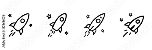 Rocket Launch Line Icon Set In Doodle Style. Space Exploration, Innovation, And Startup Growth Outline Sketch Collection. Hand Drawn Isolated Vector Illustration