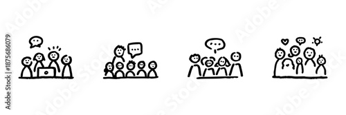 Group Communication And Team Collaboration Line Icon Set In Doodle Style. Teamwork, Brainstorming, And Social Interaction Outline Sketch Collection. Hand Drawn Isolated Vector Illustration