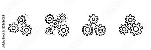Gears And Cogs Line Icon Set In Doodle Style. Mechanical Engineering, Process Optimization, And System Integration Outline Sketch Collection. Hand Drawn Isolated Vector Illustration
