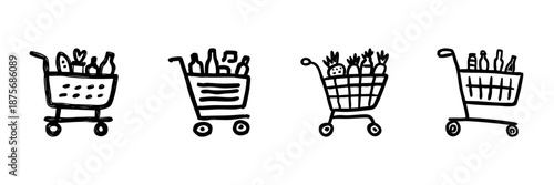 Shopping Cart Line Icon Set In Doodle Style. Retail, Grocery, And E-Commerce Outline Sketch Collection. Hand Drawn Isolated Vector Illustration