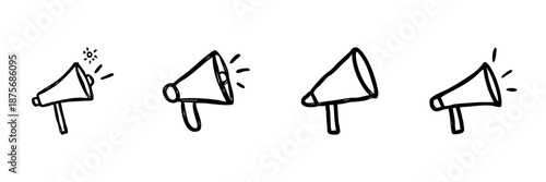 Megaphone Line Icon Set In Doodle Style. Communication, Announcement, And Public Speaking Outline Sketch Collection. Hand Drawn Isolated Vector Illustration