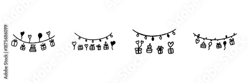 Birthday Celebration Garland Line Icon Set In Doodle Style. Festive Decorations, Gifts, And Cake Outline Sketch Collection. Party And Celebration Theme. Hand Drawn Isolated Vector Illustration