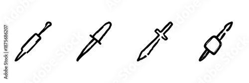 Various Knives And Swords Line Icon Set In Doodle Style. Weaponry And Tool Collection Outline Sketch. Hand Drawn Isolated Vector Illustration