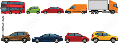 Flat design vehicle collection illustration featuring colorful cars, double decker bus, delivery van, and semi truck on beige background, isolated.