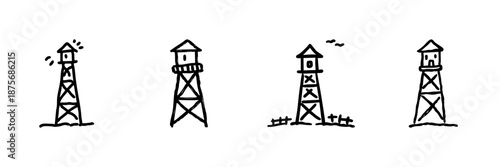Watchtower Line Icon Set In Doodle Style. Surveillance, Security, And Observation Outline Sketch Collection. Hand Drawn Isolated Vector Illustration