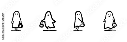 Ghosts With Halloween Buckets Line Icon Set In Doodle Style. Trick-Or-Treating, Halloween Celebration, And Festive Spirit Outline Sketch Collection. Hand Drawn Isolated Vector Illustration