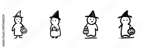 Cute Halloween Characters Line Icon Set In Doodle Style. Trick-Or-Treating, Witch Costume, And Pumpkin Basket Outline Sketch Collection. Festive Holiday Celebration. Hand Drawn Vector Illustration