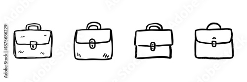 Briefcase Line Icon Set In Doodle Style. Business, Professional, And Office Work Outline Sketch Collection. Hand Drawn Isolated Vector Illustration