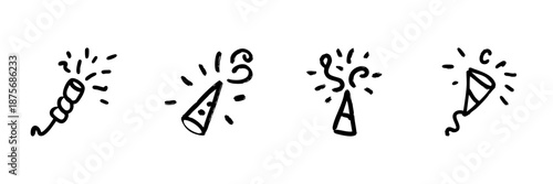 Party Popper And Confetti Line Icon Set In Doodle Style. Celebration, Festivity, And Event Decoration Outline Sketch Collection. Hand Drawn Isolated Vector Illustration