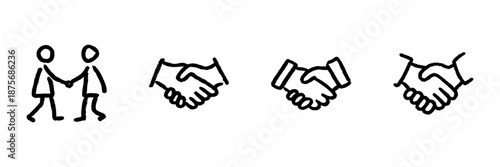 Handshake And Agreement Line Icon Set In Doodle Style. Business Partnership, Collaboration, And Teamwork Outline Sketch Collection. Hand Drawn Isolated Vector Illustration