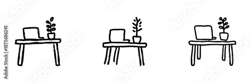 Laptop And Plant On Desk Line Icon Set In Doodle Style. Home Office, Remote Work, And Workspace Organization Outline Sketch Collection. Hand Drawn Isolated Vector Illustration