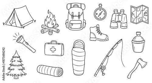 Camping equipment collection tent backpack fire and adventure gear illustration