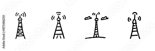 Radio Transmission Tower Line Icon Set In Doodle Style. Wireless Communication, Signal Broadcasting, And Telecommunication Infrastructure Outline Sketch. Hand Drawn Isolated Vector Illustration