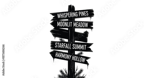 A weathered wooden signpost displays directions to mystical locations