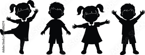 Four playful children silhouettes in happy poses featuring pigtails, waving hands, and outstretched arms for school, family, and childhood designs,