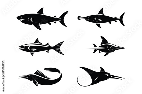 Stylized Black Shark and Large Sea Fish Silhouette Icon Set