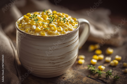 A warm cup of creamy corn soup garnished with fresh herbs