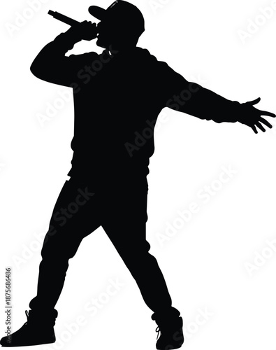Male hip-hop performer silhouette, rapper singing into microphone, urban artist in baseball cap, dynamic stage pose, musical performance, high contrast,